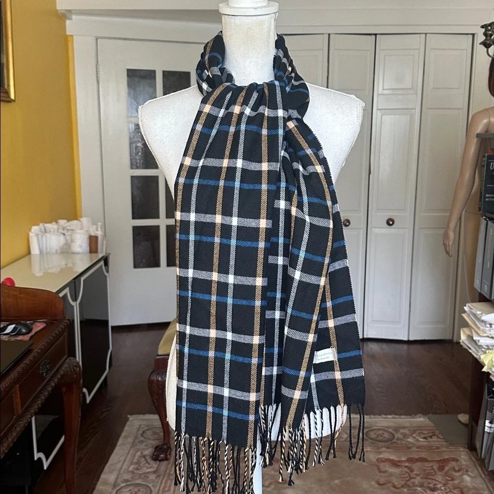 100% Cashmere Black and Blue Plaid Scarf with Fringe